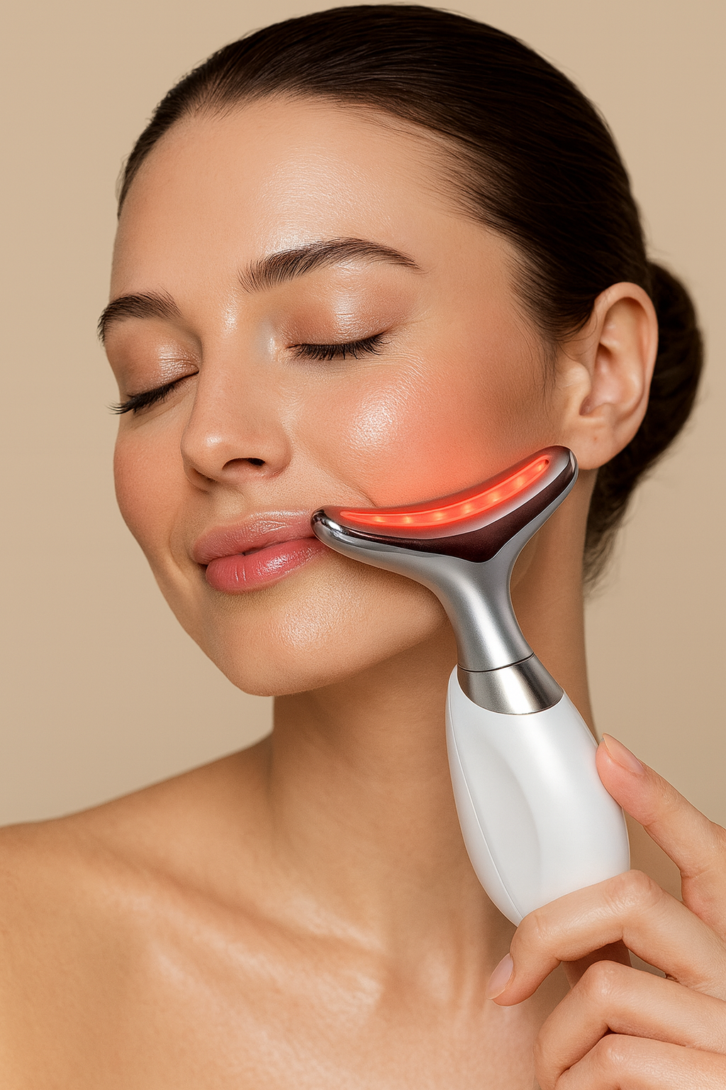 Dispositivo EMS facial con luz LED para rejuvenecer y tonificar la piel sin cirugía.