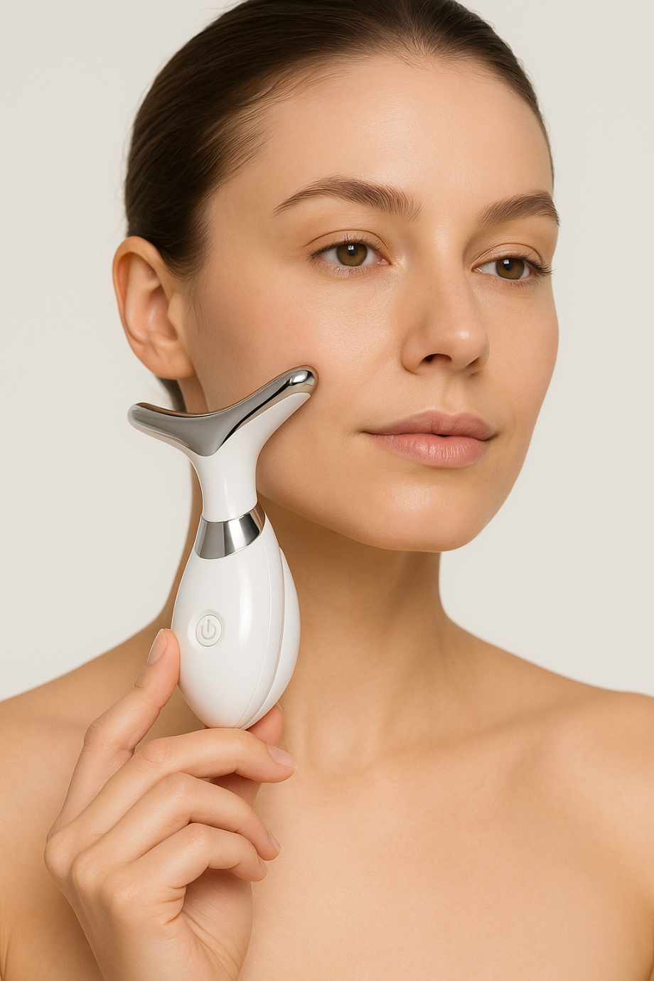 Mujer aplicando dispositivo EMS facial reafirmante con tecnología de lifting sin cirugía.